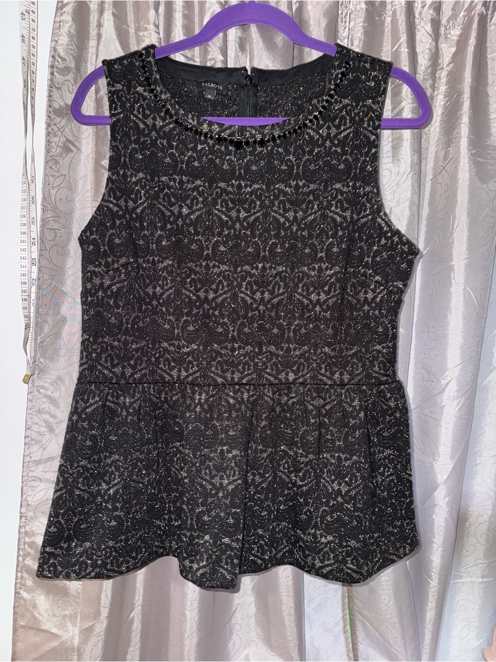 Talbots Black Metallic Lace-Patterned Sleeveless Peplum Top